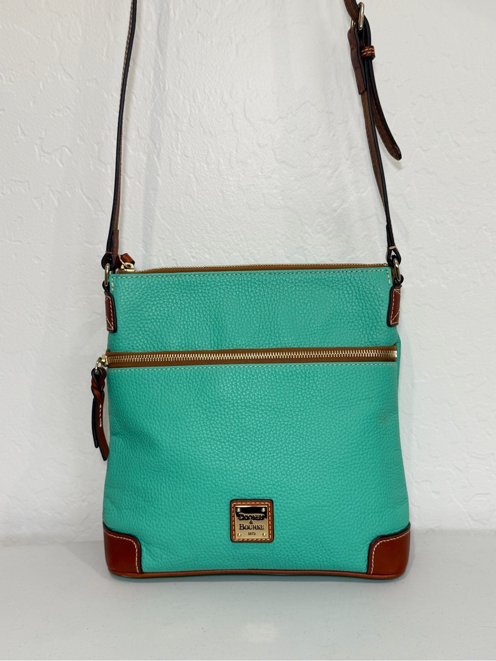Dooney & Bourke Turquoise Pebbled Leather Crossbody with Brown Trim